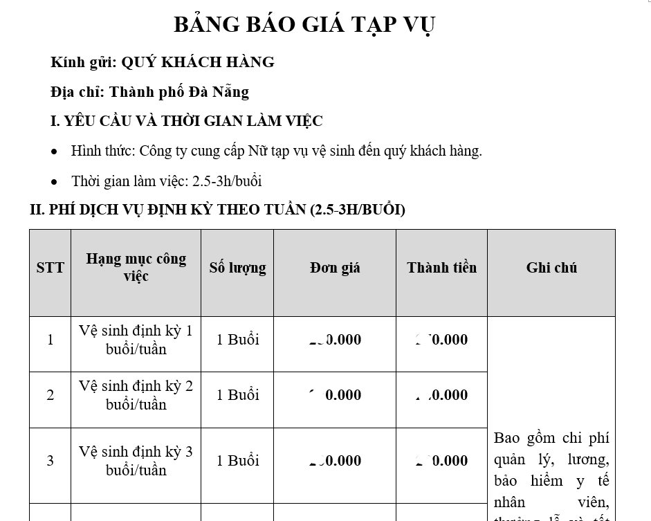 Báo giá tạp vụ văn phòng theo buổi