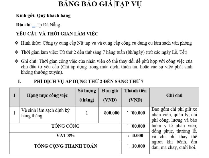 Báo giá tạp vụ văn phòng từ thứ 2 đến thứ 7 tại Đà Nẵng